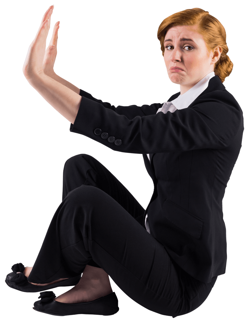 Businesswoman Expressing Fear and Defense on Transparent Background