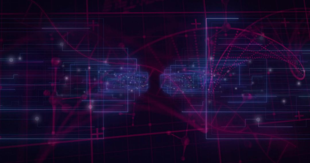 Neon cyber network visualization featuring symmetric pulsing clusters, wireframe HUD grid