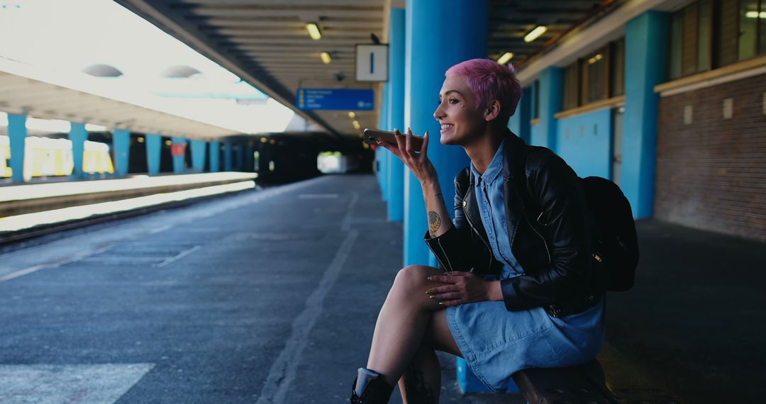 Young woman with pink hair recording voice message at train station - Free Images, Stock Photos and Pictures on Pikwizard.com