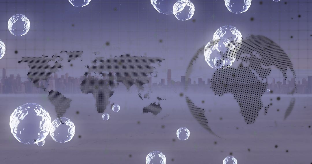 Digital World Map Bubbles Overlaid on Cityscape Backdrop