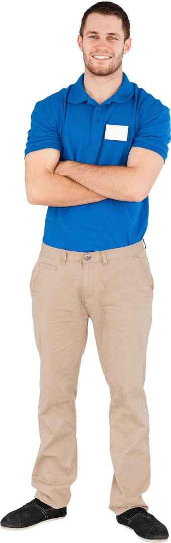 Transparent Smiling Salesman Standing with Arms Crossed