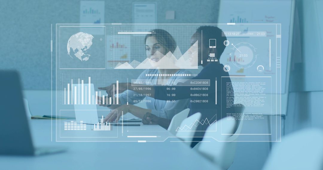 Team of Professionals Analyzing Data with Digital Interface in Office Meeting