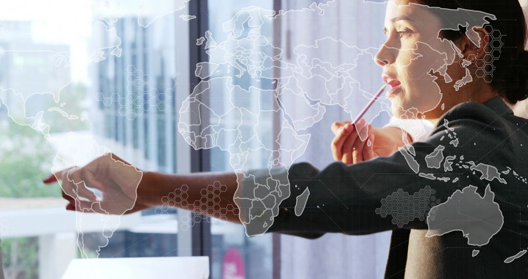 Businesswoman Analyzing Digital World Map in Remote Video Call