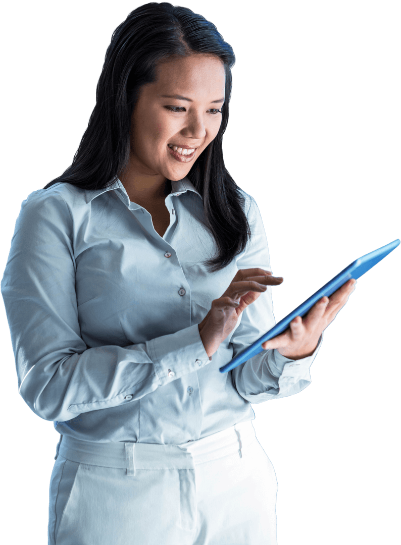 Happy Businesswoman Engaging with Tablet on Transparent Background