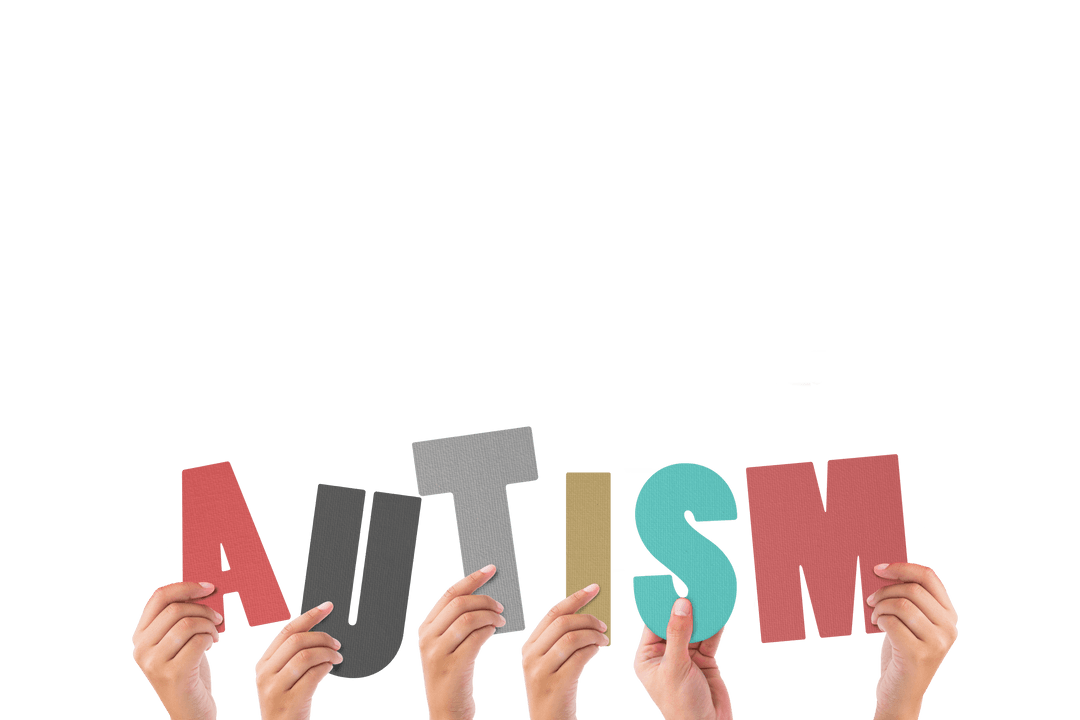 Diverse Hands Holding Autism Text on Transparent Background