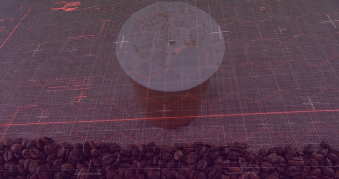 Futuristic Coffee in Tech Mesh with Red Digital Overlay