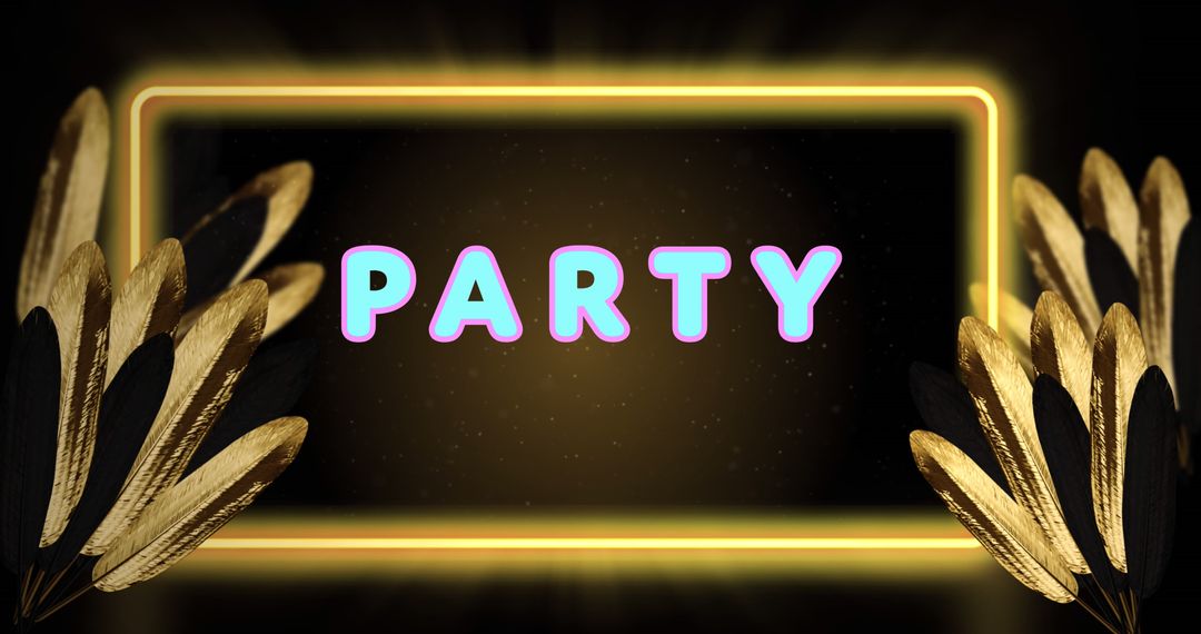 Neon Party Sign with Golden Leaves and Futuristic Style