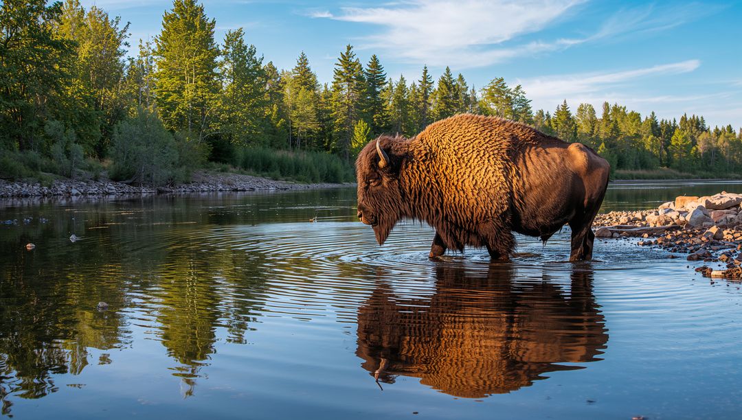 Majestic American bison wading in river reflecting golden light and concentric ripples