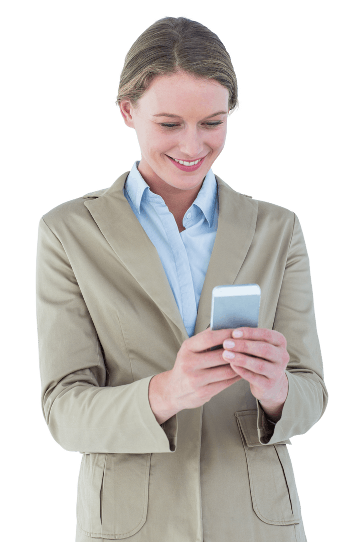 Businesswoman Smiling at Smartphone on Transparent Isolated Background
