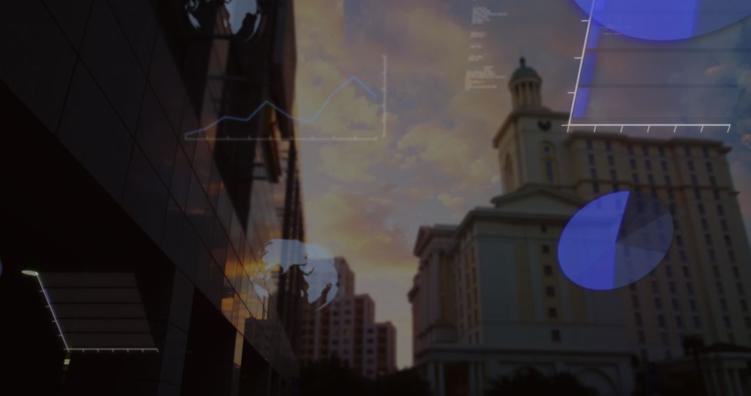 Digital Overlay of Graphs and Code on City Skyline at Dusk