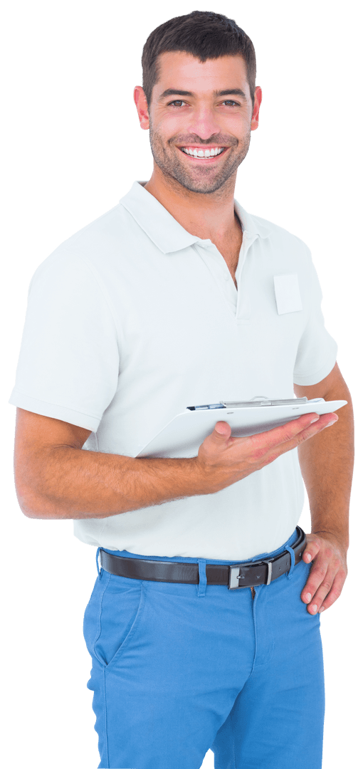 Cheerful Man With Clipboard Isolated on Transparent Background