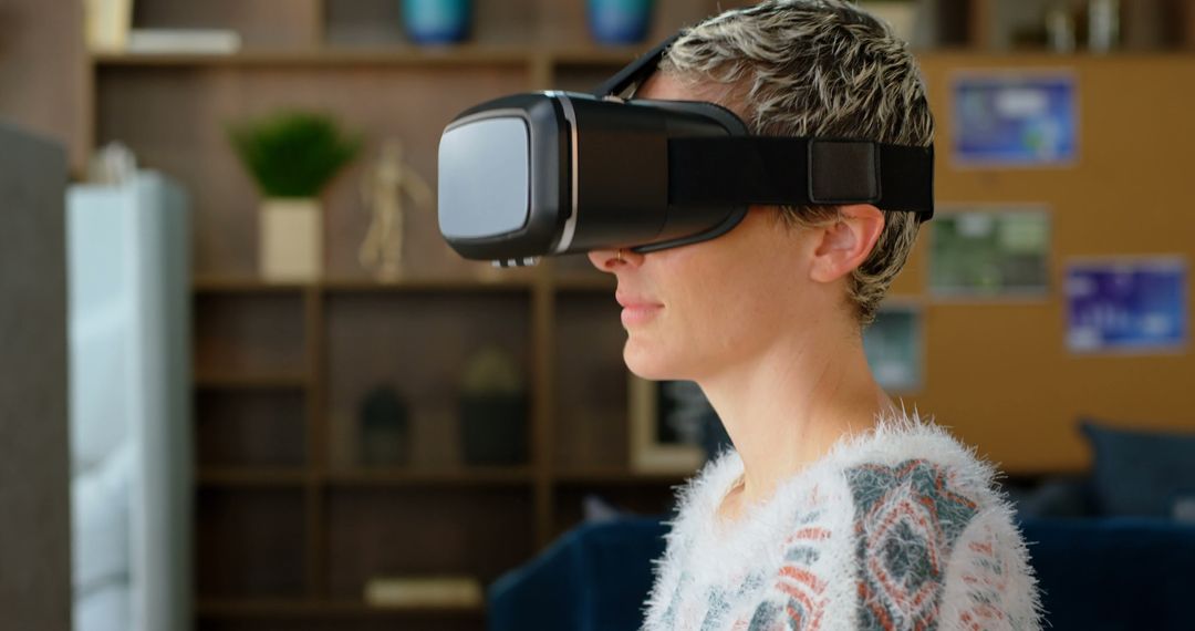 Woman Using VR Headset for Virtual Reality Experience at Home - Free Images, Stock Photos and Pictures on Pikwizard.com