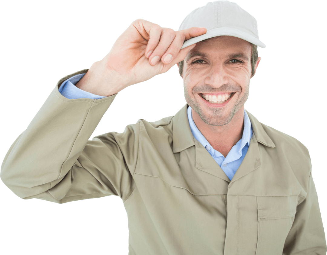Happy Delivery Man Smiling and Holding Cap Transparent