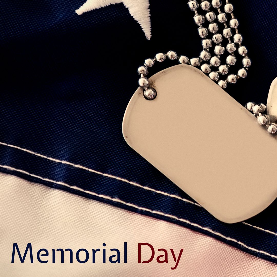 Memorial Day Text with Blank Dog Tag and American Flag Background