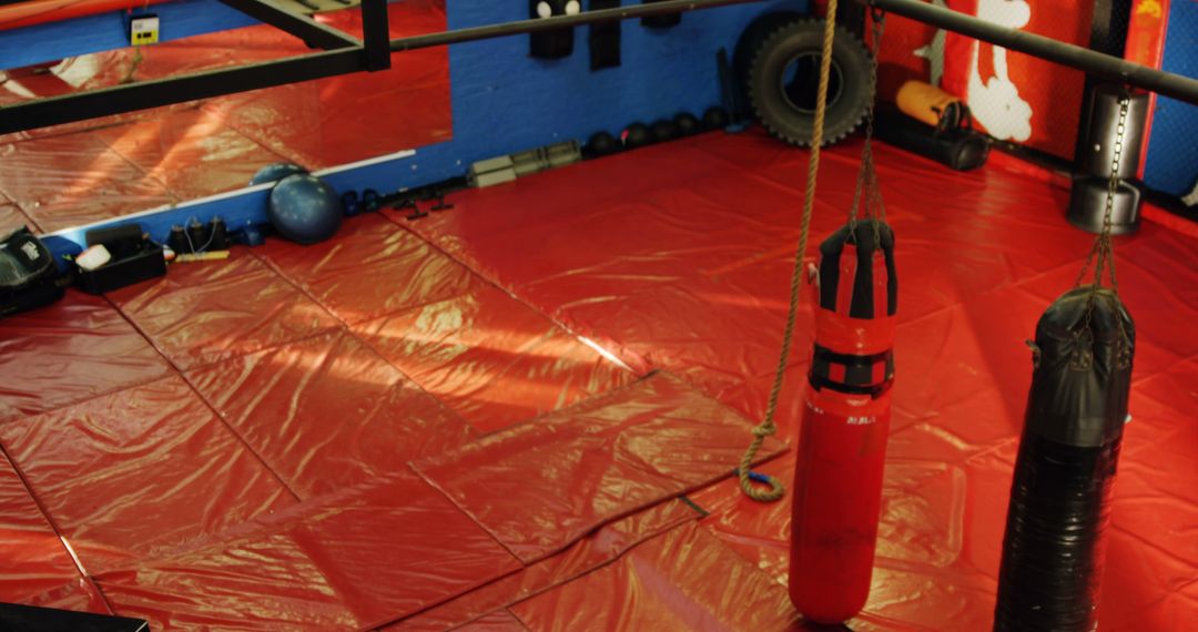 Detail view of empty boxing gym with punching bags and equipment - Free Images, Stock Photos and Pictures on Pikwizard.com