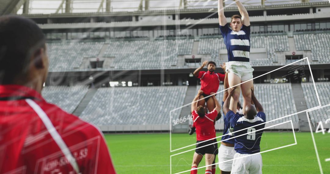 Rugby lineout hoist showcasing teamwork and AR performance analytics in stadium