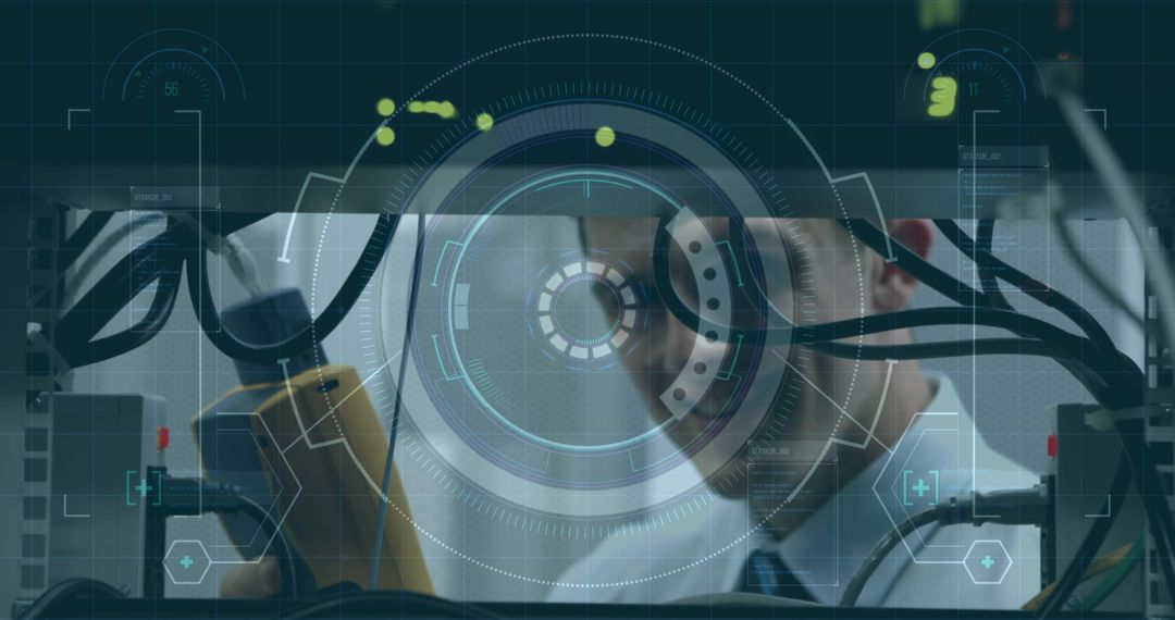 Futuristic Data Scanning Hologram over Engineer Inspecting Server Rack