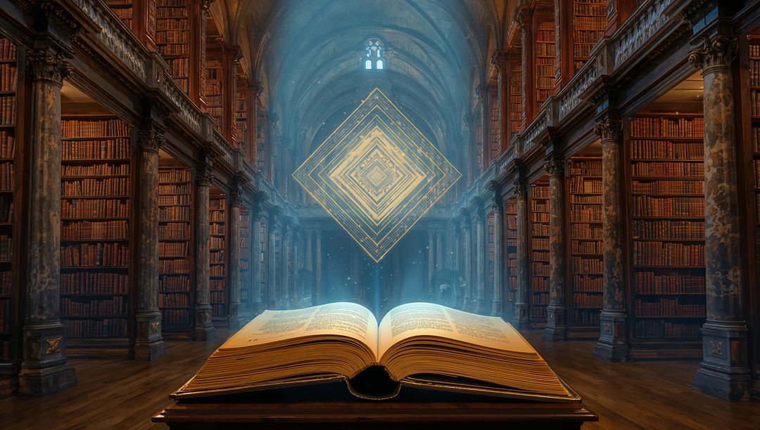 Ancient Library with Illuminating Floating Symbols AF