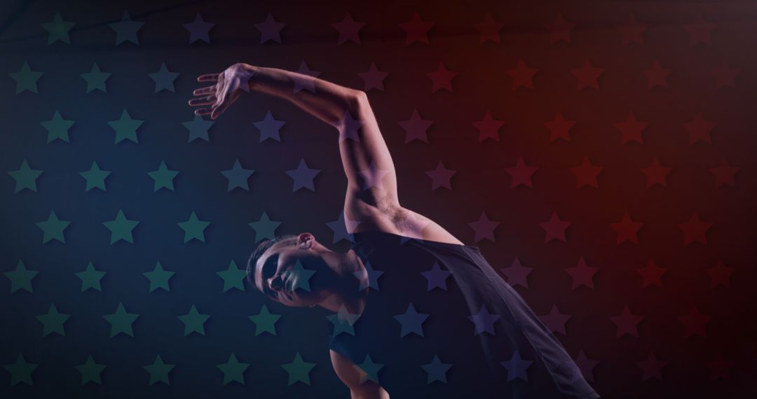 Caucasian Man Stretching Under Starry Night Sky