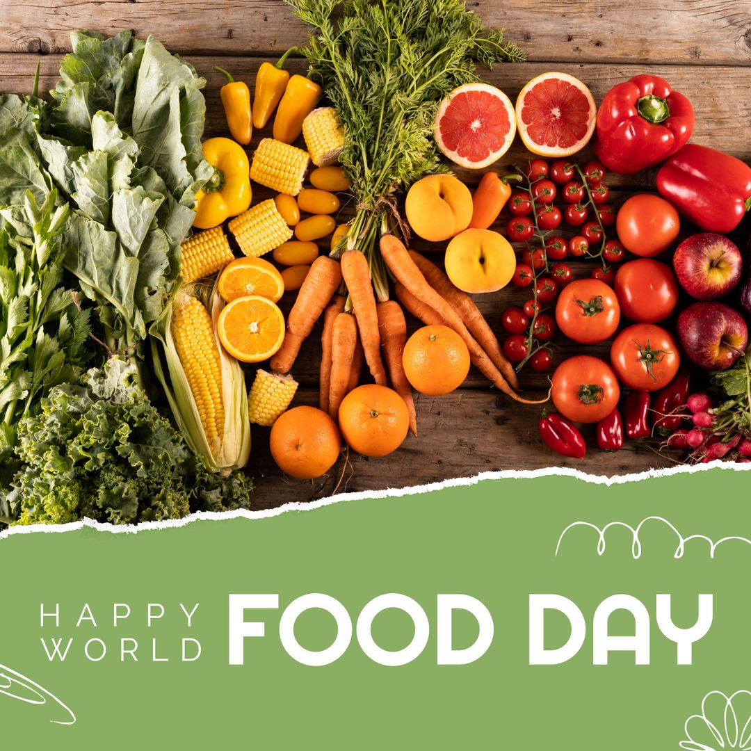 Colorful Fruits and Vegetables with World Food Day Message
