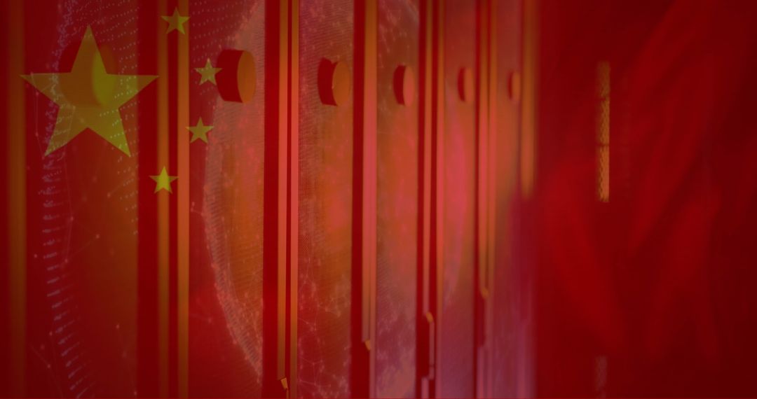 Chinese Flag Overlapping Data Servers Representing Cybersecurity