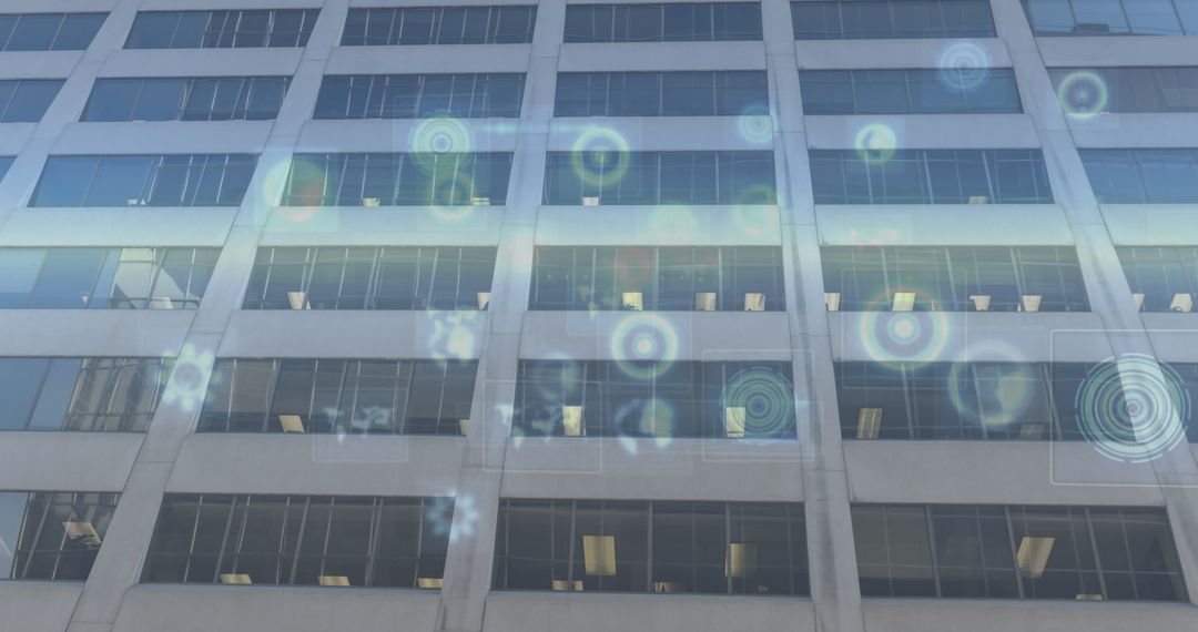 Digital Interface Overlay on Modern Office Building