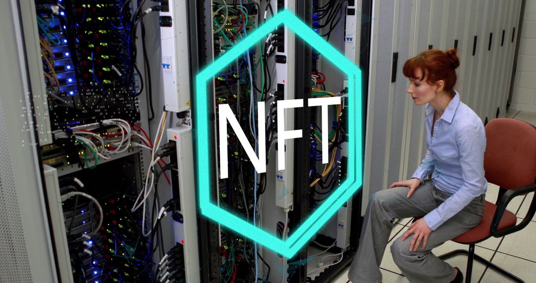 Tech Engineer Managing Cables Near Servers with NFT Concept Overlay