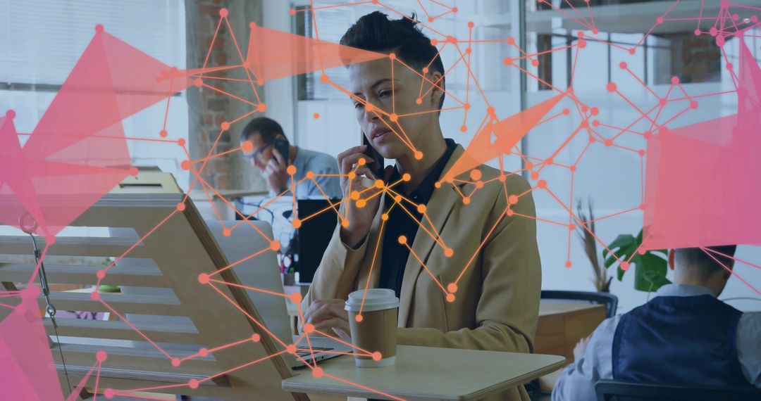 Businesswoman Collaborating in Modern Office with Virtual Network Overlay