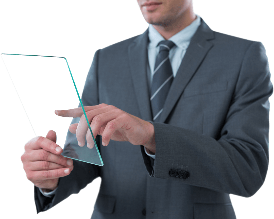 Businessman Using Transparent Futuristic Digital Tablet Device
