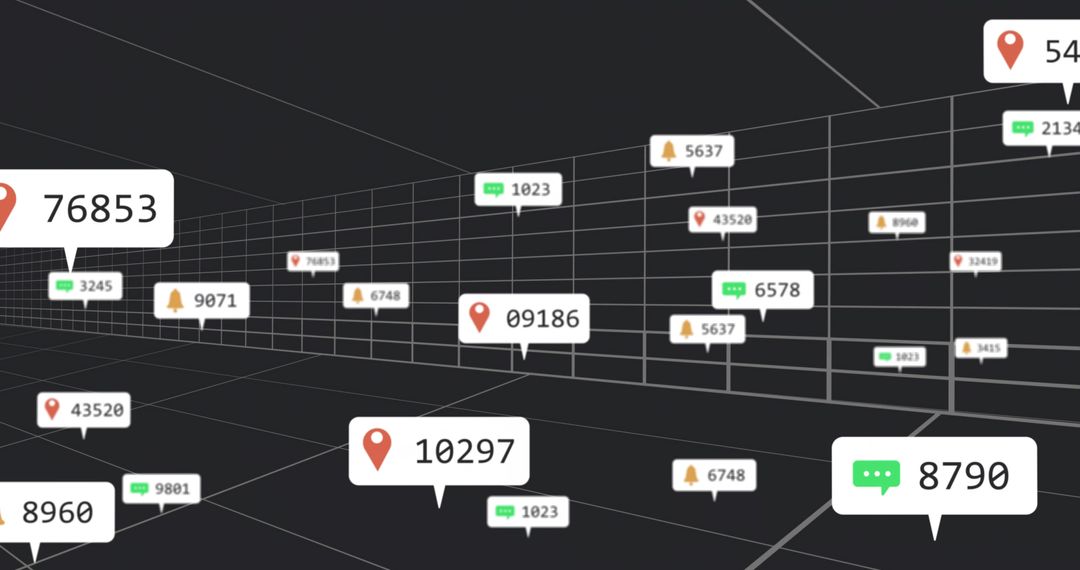 3D Data Grid with Floating Location Pins, Chat Bubbles and Notification Badges Wireframe