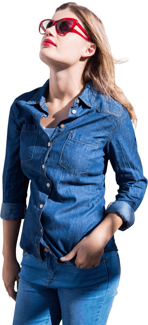 Transparent Confident Woman in Denim Outfit with Red Sunglasses