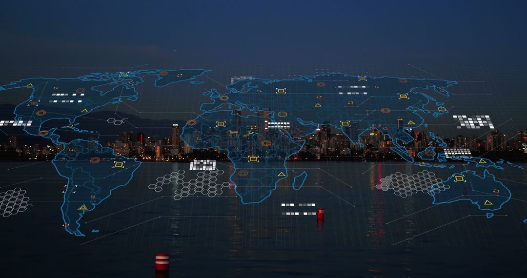 Futuristic Digital Interface Overlay on Cityscape at Night