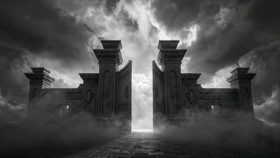 Mystical Stone Gateway Amidst Swirling Mist and Dramatic Clouds