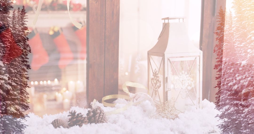 Cozy Winter Window with Christmas Lantern and Pine Cones