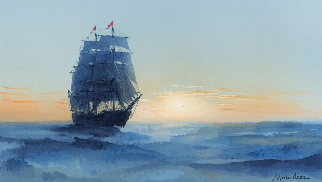 Full-Sailed Sailing Ship Through Misty Waves at Sunrise