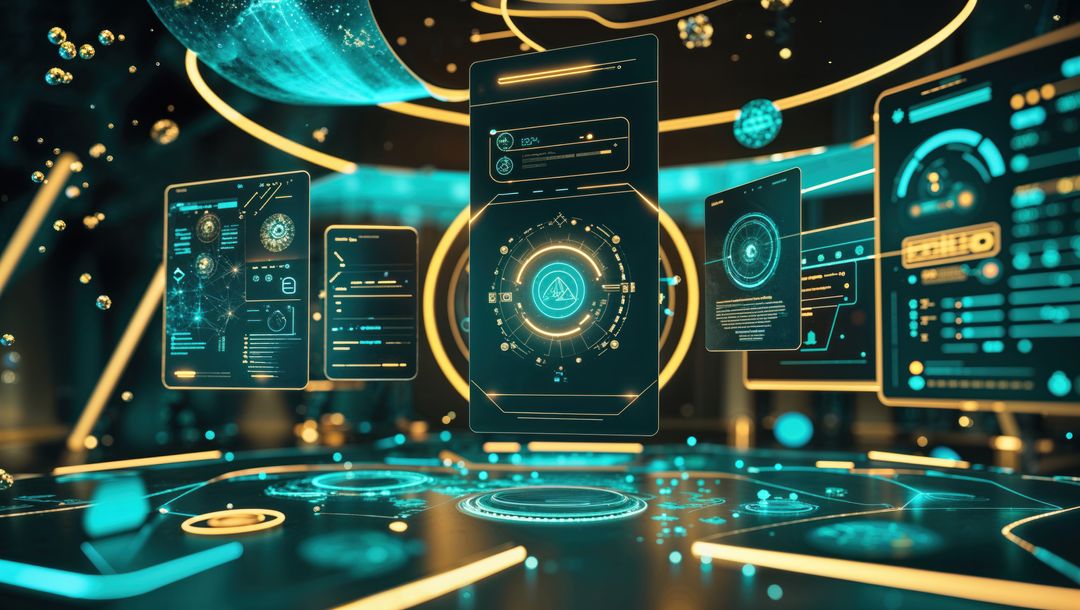 Futuristic Holographic Interface with Digital Panels and Orbs