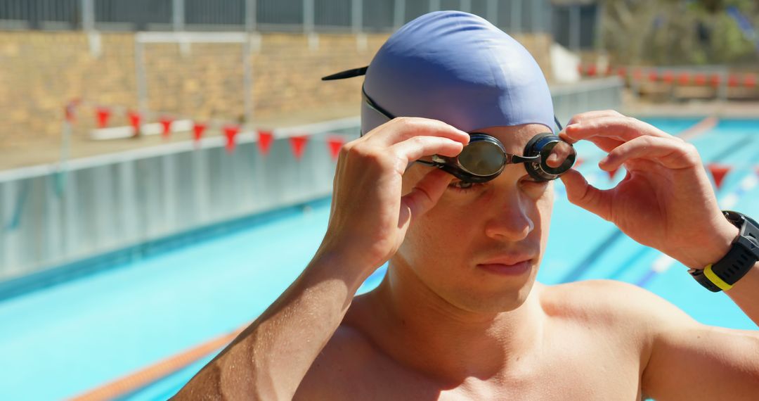 Male swimmer adjusting goggles at poolside in training session - Free Images, Stock Photos and Pictures on Pikwizard.com