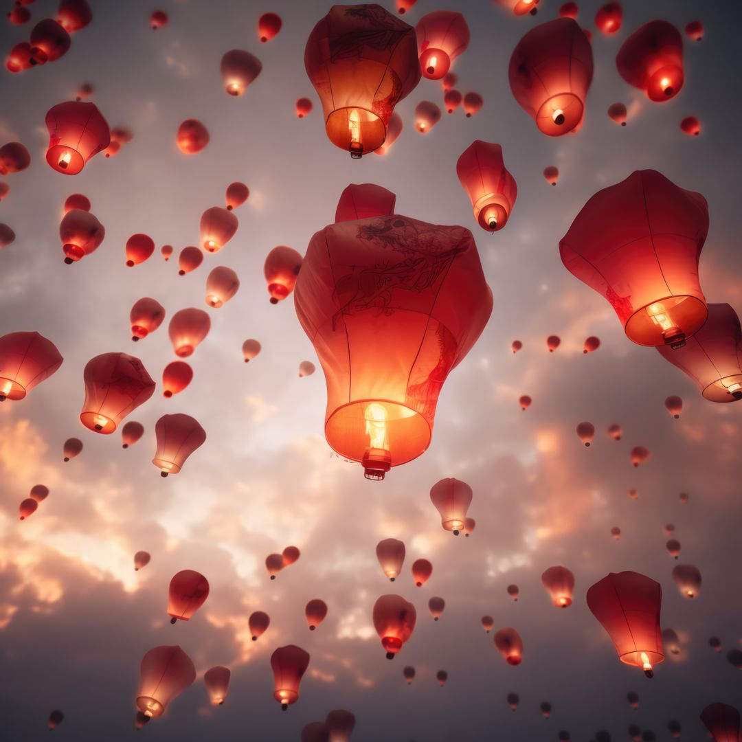 Multiple lighted chinese lanterns with pattern over sky created using generative ai technology - Free Images, Stock Photos and Pictures on Pikwizard.com