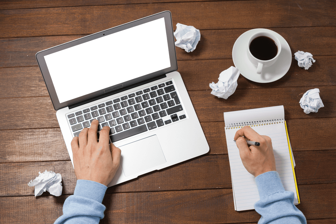 Transparent Creative Desk Workspace with Laptop and Coffee
