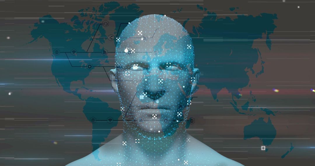 Futuristic Digital Human Face with Global Technology Elements