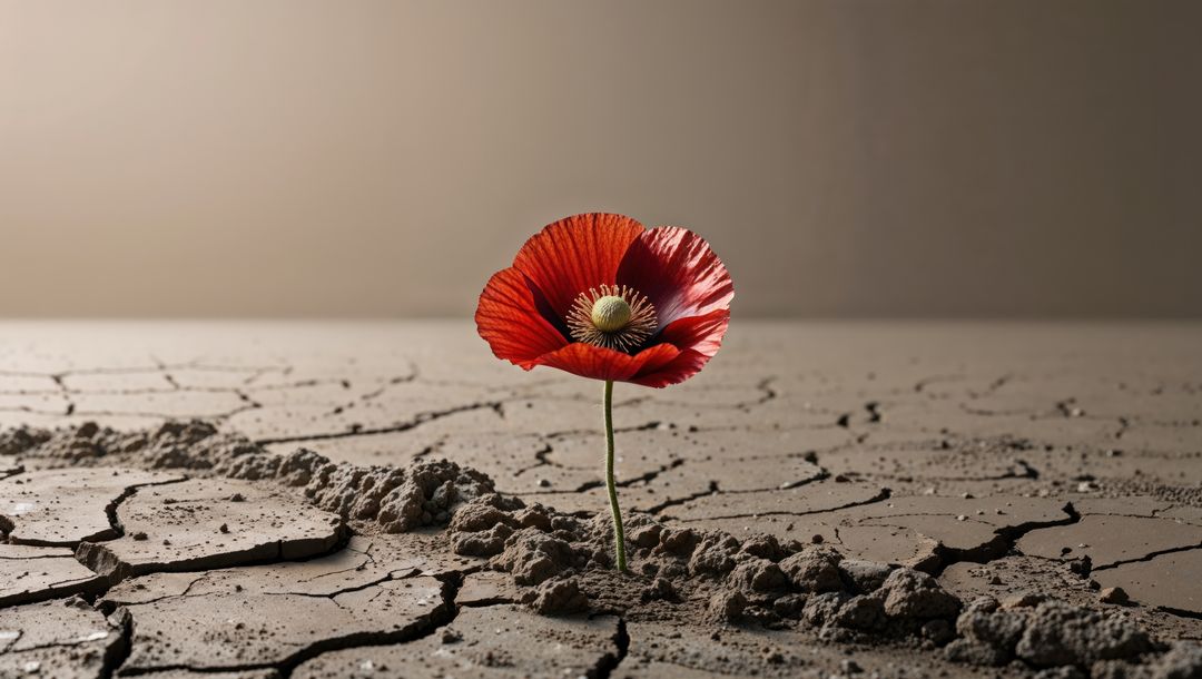 Red poppy flower thrives in cracked clay field - emblem of first world war remembrance