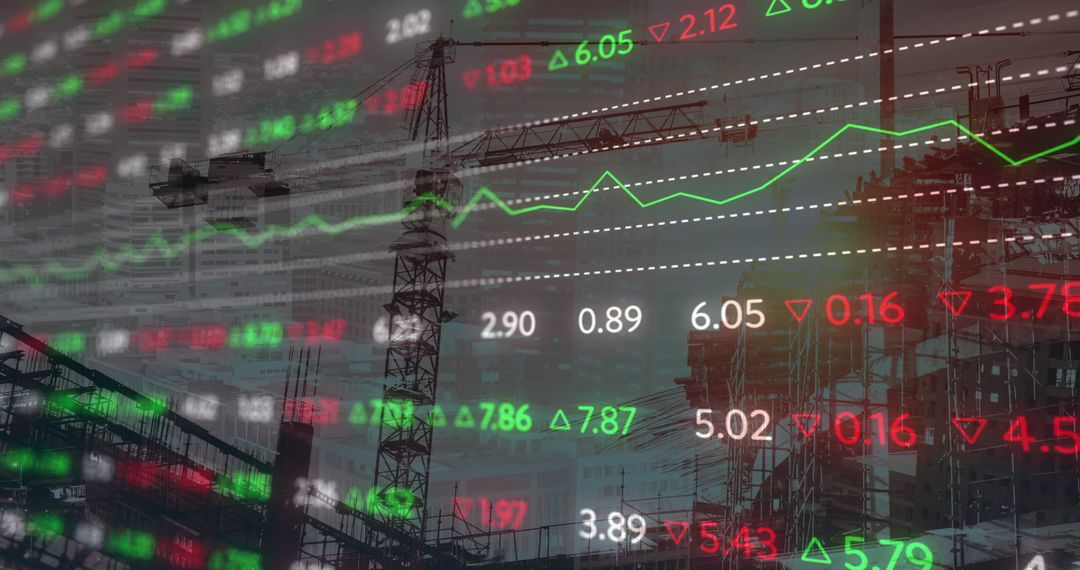 Financial Data Overlay on Construction Site Representing Global Development