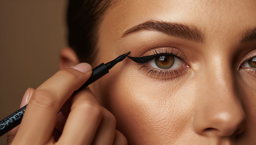 Close-up of Woman Applying Black Liquid Eyeliner with Felt-tip Pen