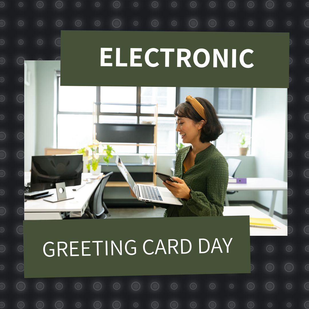Happy Woman Using Laptop and Smartphone for Electronic Greeting Card Day