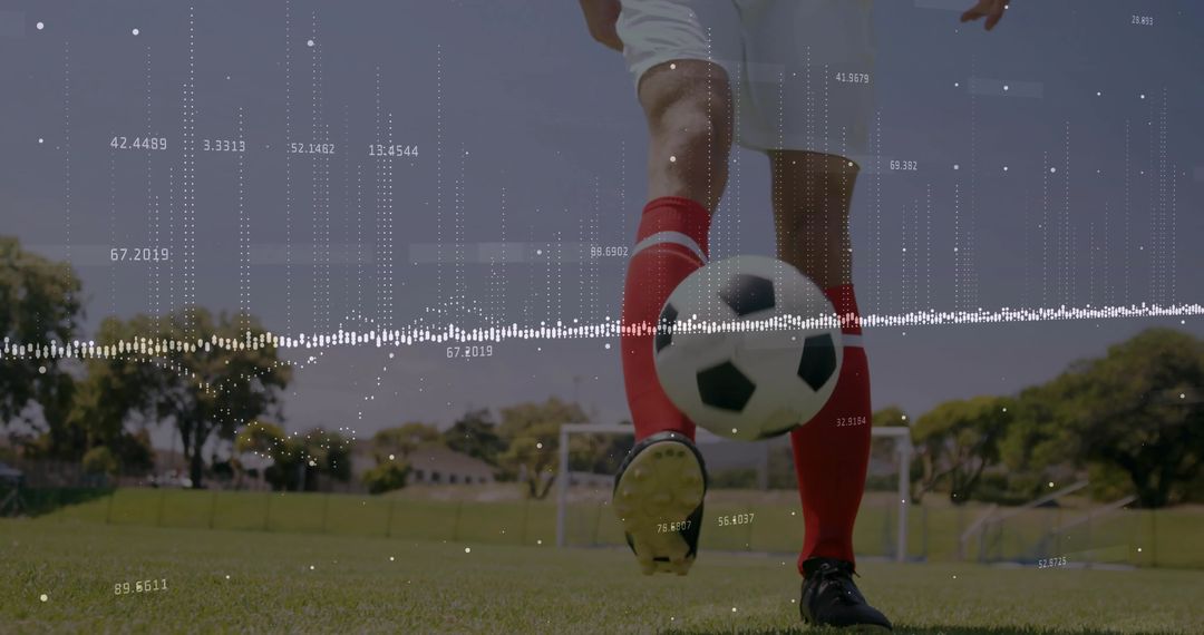 Football Player Dribbling with Data Analysis Overlay on Field