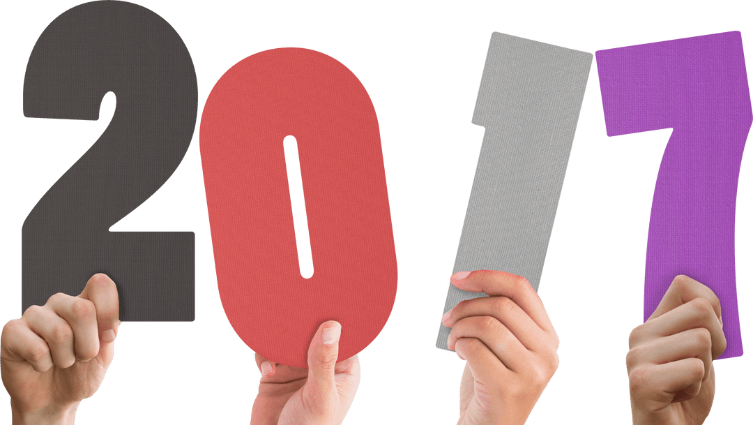 Hands Holding Vibrant 2017 Numbers on Transparent Background