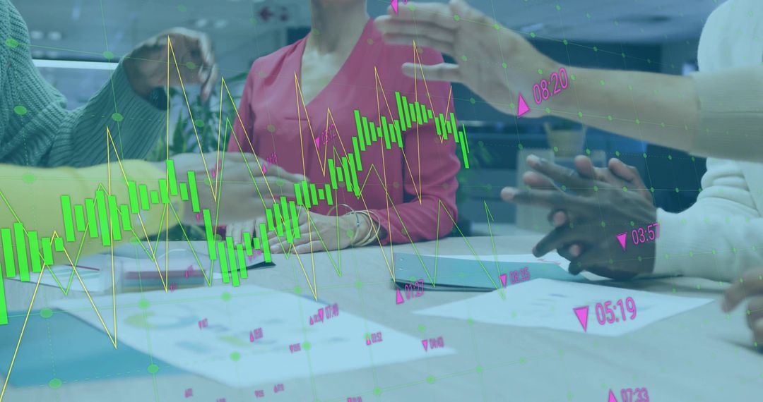 Collaborative Business Strategy Meeting with Digital Chart Overlay