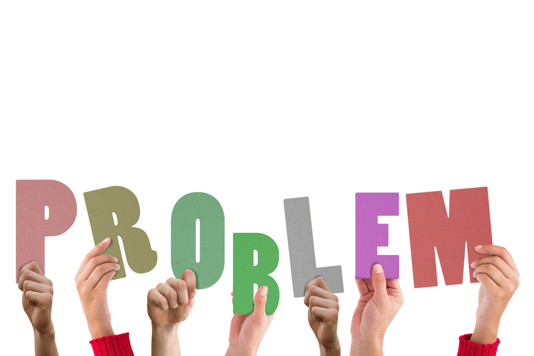 Hands Raising Colorful 'Problem' Text with Transparent Background