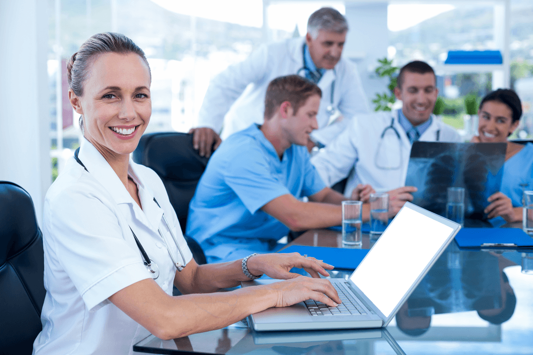 Transparent Smiling Doctor Typing with Medical Team in Background