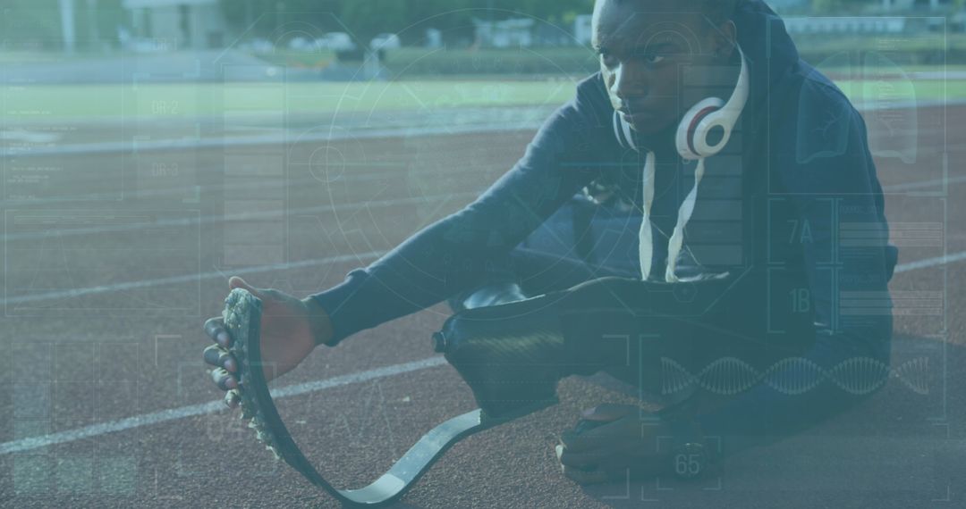 Athlete with Leg Prosthetic Preparing for a Run Amidst Digital Overlay
